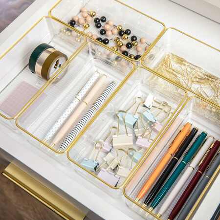 Martha Stewart Kerry 6 Pack Plastic Stackable Office Desk Drawer Organizers with Gold Trim, 6 x 3 BE-PB9051-G-6-CLRGLD-MS
